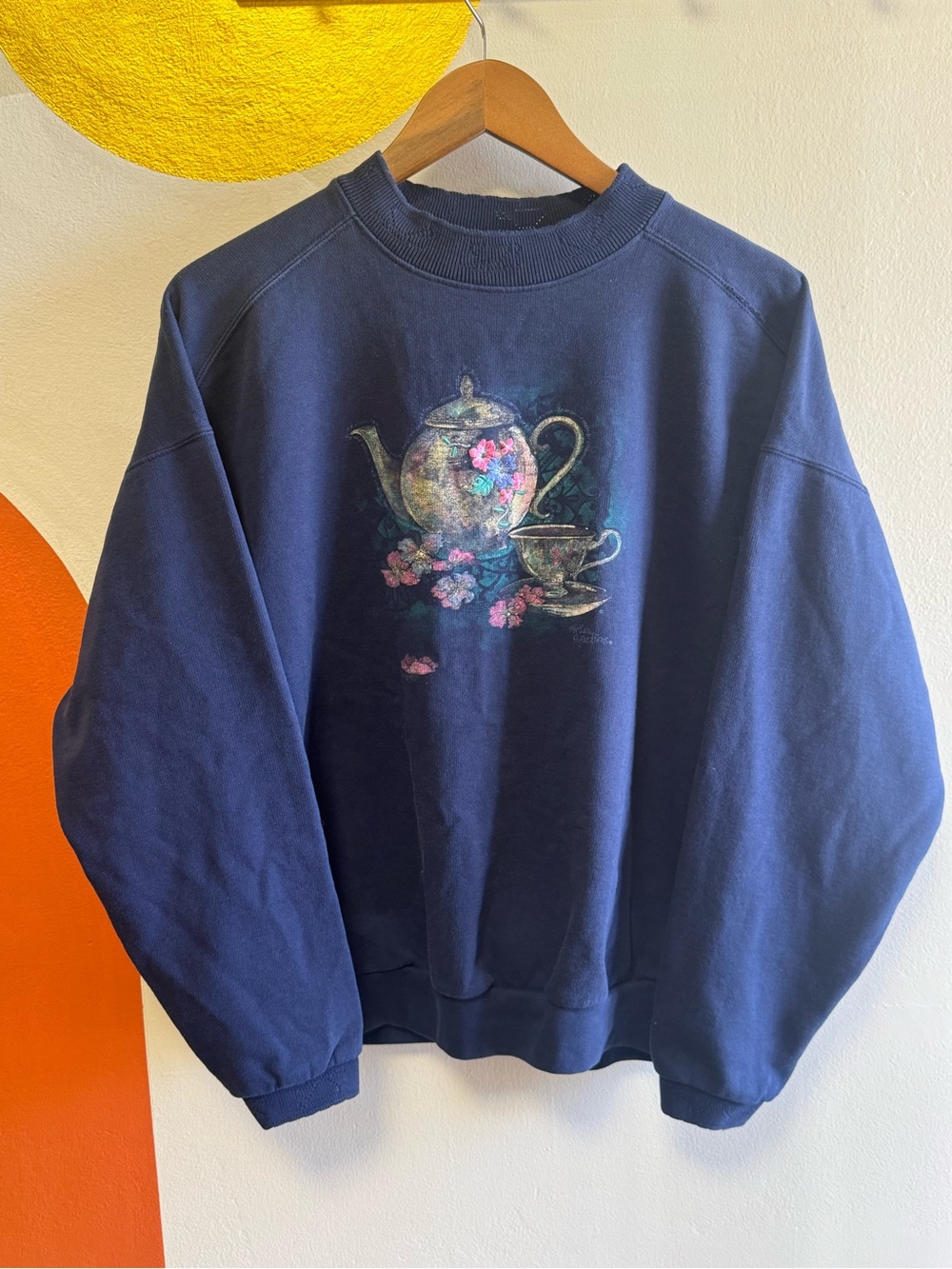 90s Cottagecore Northern Reflections Floral Teapot Navy Blue Crewneck Sweatshirt